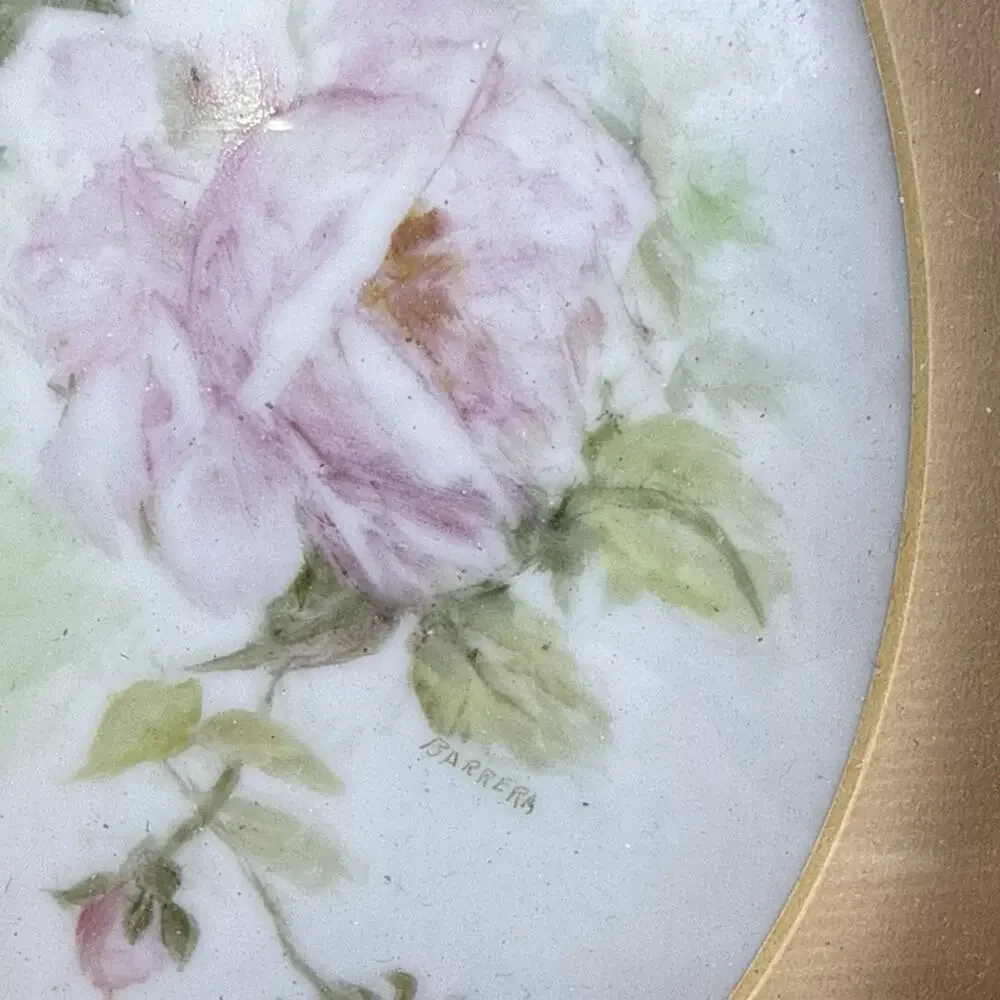 Vintage Gold Gilt Victorian Oval Frame with Painted Porcelain Rose Art 10”